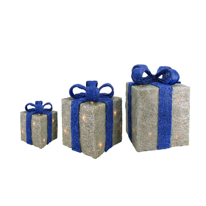 Lighted Gift Boxes Outdoor Christmas Decorations - 10" - Silver and Blue - Set of 3