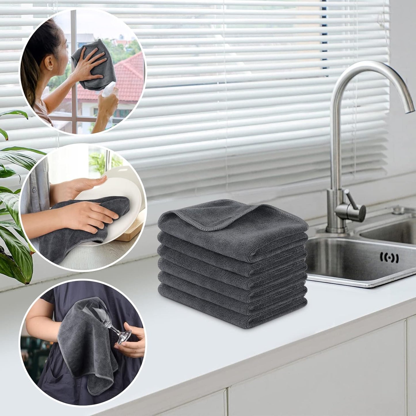 Microfiber Cleaning Cloth Ulura Absorbent Softer Towel Reusable Cleaning Cloth Streak Free Lint Free Cleaning Cloth for Home, Kitchen, Car, Window Use 12X12 Inch Slate Grey 6 Pack